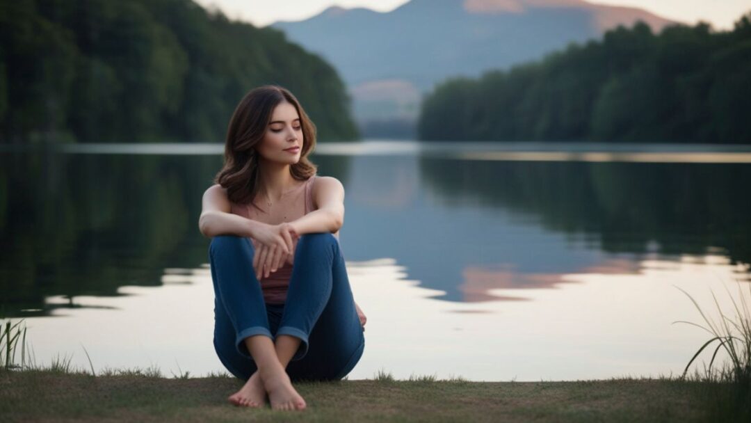 Frau sitzt entspannt mit überkreuzten Beinen vor einem See.