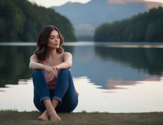Frau sitzt entspannt mit überkreuzten Beinen vor einem See.