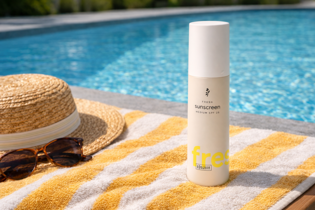 Sonnencreme auf Strandtuch mit Sonnenhut und Sonnenbrille vor einem Pool.