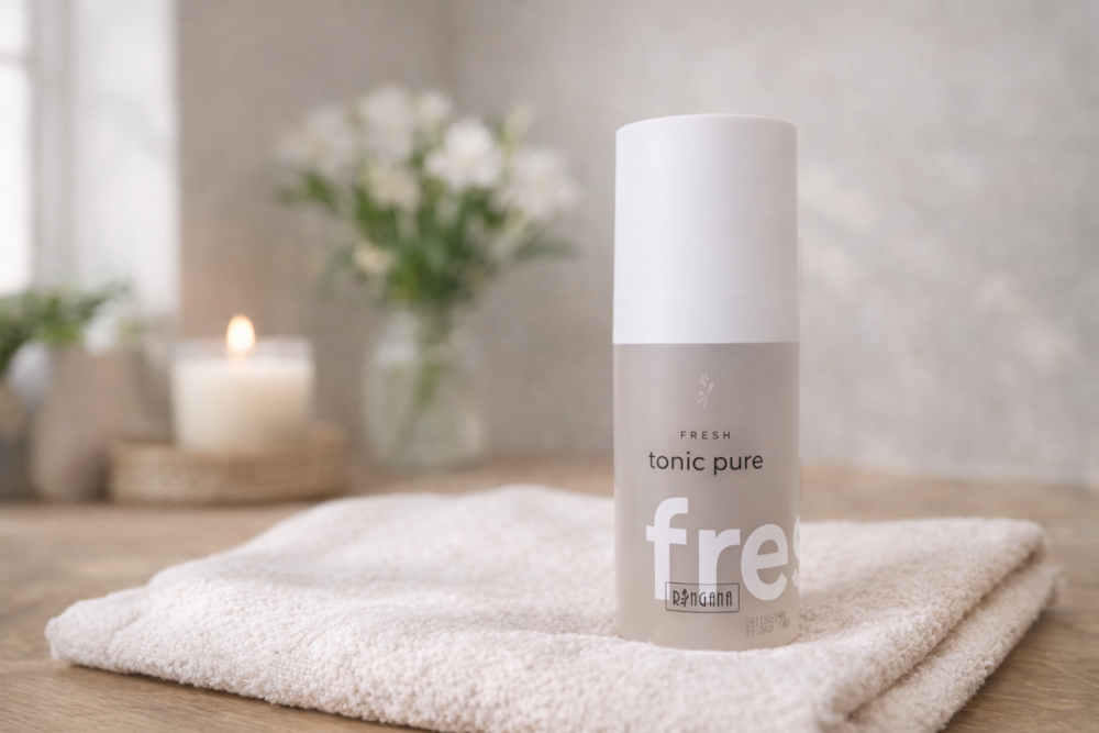 Ringana Tonic auf beigem Handtuch in cleanem Badezimmer mit Kerze und grüner Pflanze.