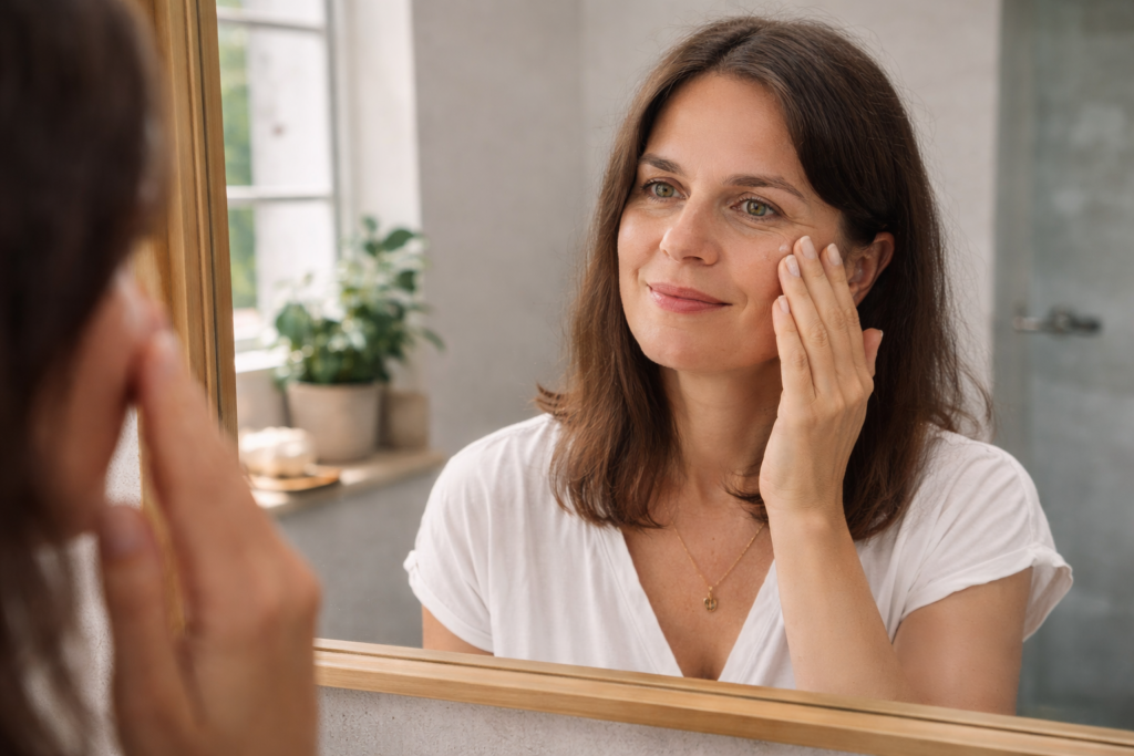 Frau im Spiegel trägt Creme auf.