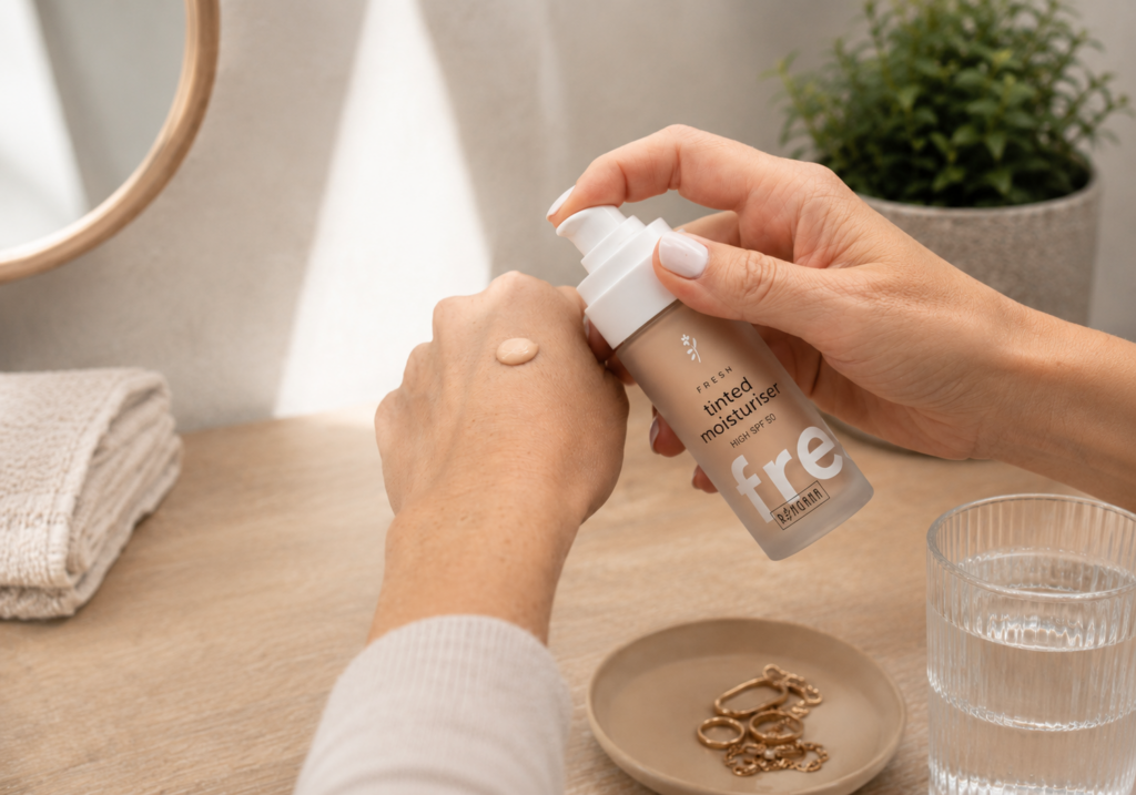 Frau pumpt Tinted Moisturizer auf ihre Hand.